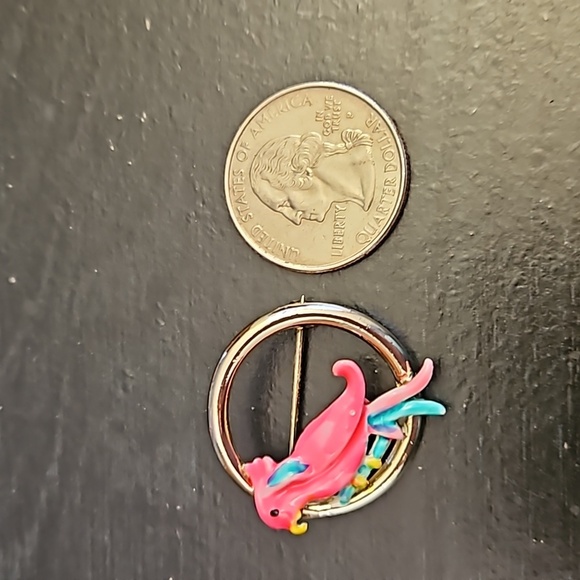 Vintage Enameled Parrot Brooch Pin Pink & Silver - Picture 2 of 5
